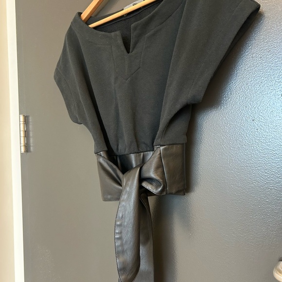 Anthropologie size S Black Top with Faux Leather Detail- GUC black cotton fades - Picture 4 of 12